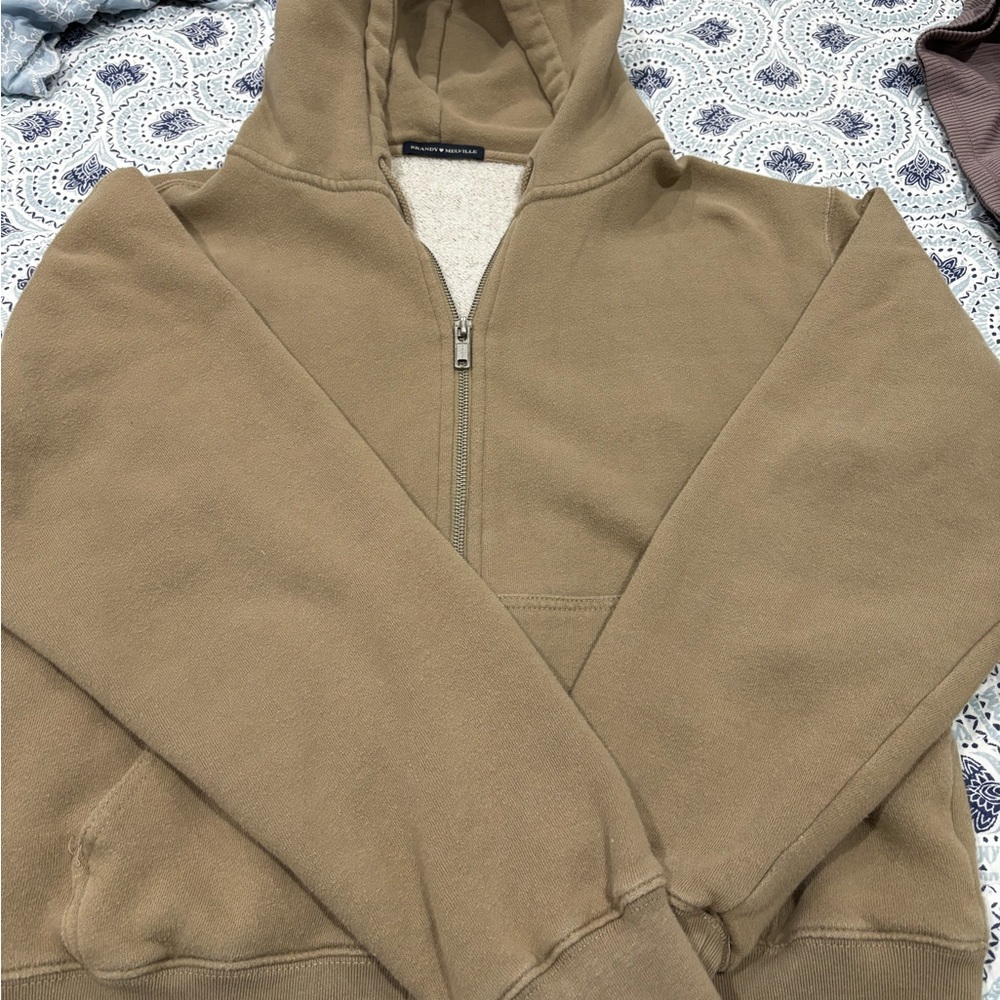 Brandy Melville Christy Zip-Up Hoodie Tan Sweater